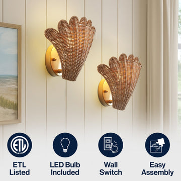 Elodie 11.5" Vintage Coastal 1-Light Rattan Scallop Shell LED Wall Sconce